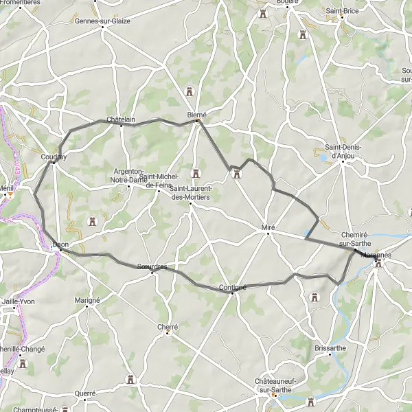 Map miniature of "Morannes to Chemiré-sur-Sarthe" cycling inspiration in Pays de la Loire, France. Generated by Tarmacs.app cycling route planner