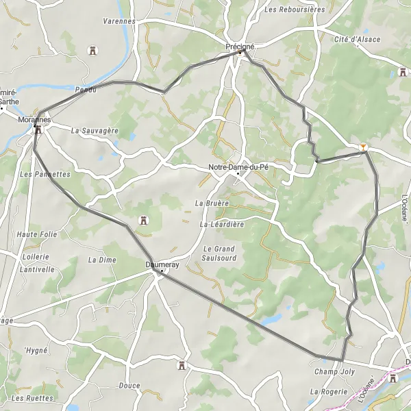 Map miniature of "Morannes to Manoir Les Grignons - Scenic Short Route" cycling inspiration in Pays de la Loire, France. Generated by Tarmacs.app cycling route planner