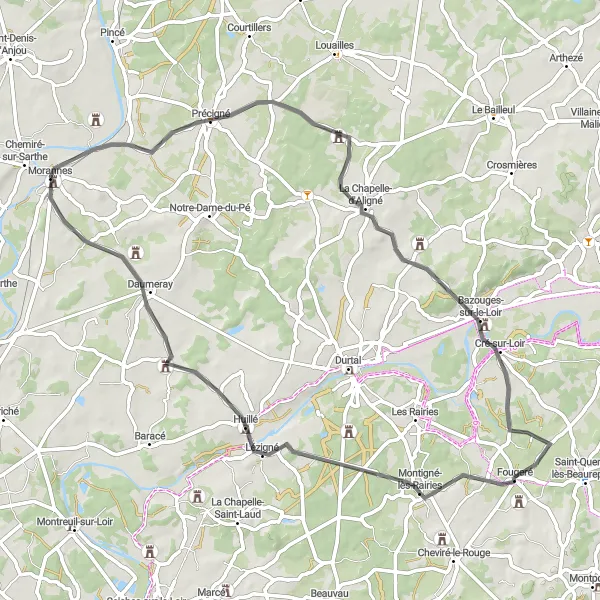 Map miniature of "Morannes to Manoir Les Grignons - Short Route" cycling inspiration in Pays de la Loire, France. Generated by Tarmacs.app cycling route planner