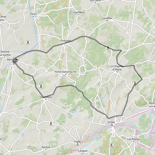 Map miniature of "Morannes to Daumeray" cycling inspiration in Pays de la Loire, France. Generated by Tarmacs.app cycling route planner