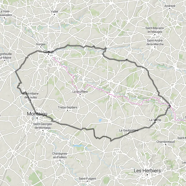 Miniature de la carte de l'inspiration cycliste "Exploration de Montaigu et ses environs" dans la Pays de la Loire, France. Générée par le planificateur d'itinéraire cycliste Tarmacs.app