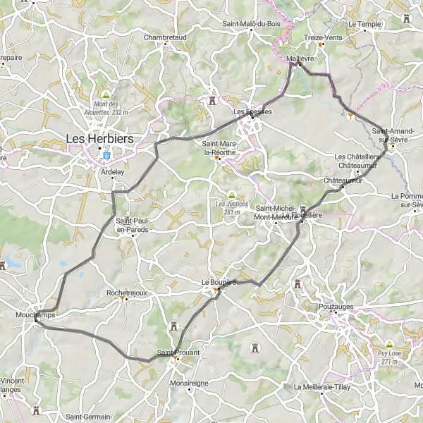 Miniature de la carte de l'inspiration cycliste "Châteaux et Paysages Vendéens" dans la Pays de la Loire, France. Générée par le planificateur d'itinéraire cycliste Tarmacs.app