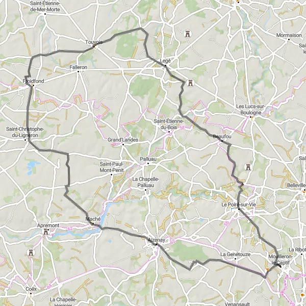 Map miniature of "Explore Aizenay and Le Poiré-sur-Vie: Scenic Road Cycling Adventure" cycling inspiration in Pays de la Loire, France. Generated by Tarmacs.app cycling route planner