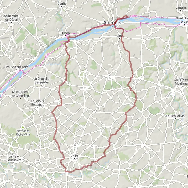 Map miniature of "The Gravel Adventure through the Pays de la Loire" cycling inspiration in Pays de la Loire, France. Generated by Tarmacs.app cycling route planner