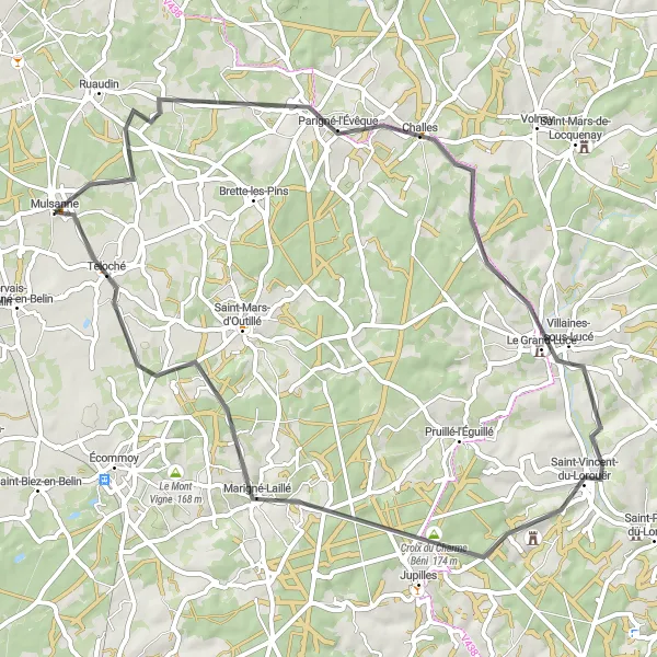 Map miniature of "The Mulsanne Valley Loop" cycling inspiration in Pays de la Loire, France. Generated by Tarmacs.app cycling route planner