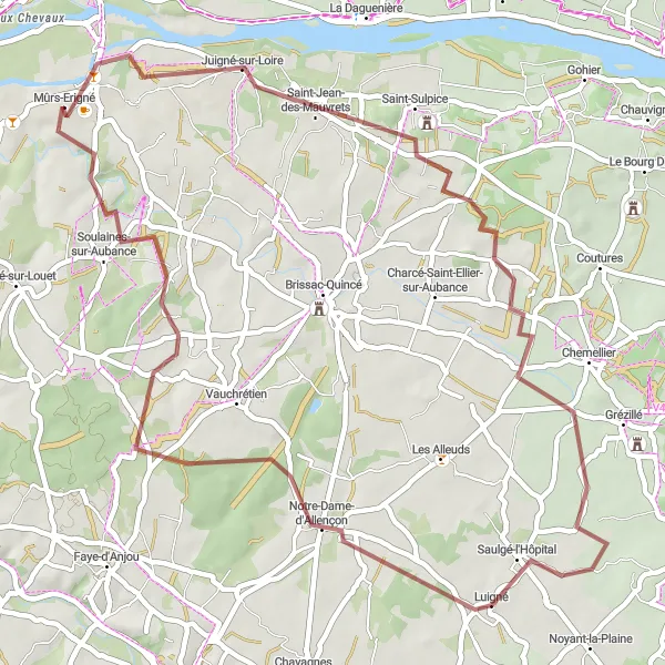 Map miniature of "Mûrs-Erigné Circular Gravel Route" cycling inspiration in Pays de la Loire, France. Generated by Tarmacs.app cycling route planner