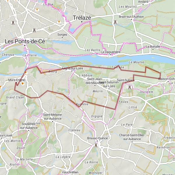 Miniature de la carte de l'inspiration cycliste "Boucle du Patrimoine Angevin" dans la Pays de la Loire, France. Générée par le planificateur d'itinéraire cycliste Tarmacs.app