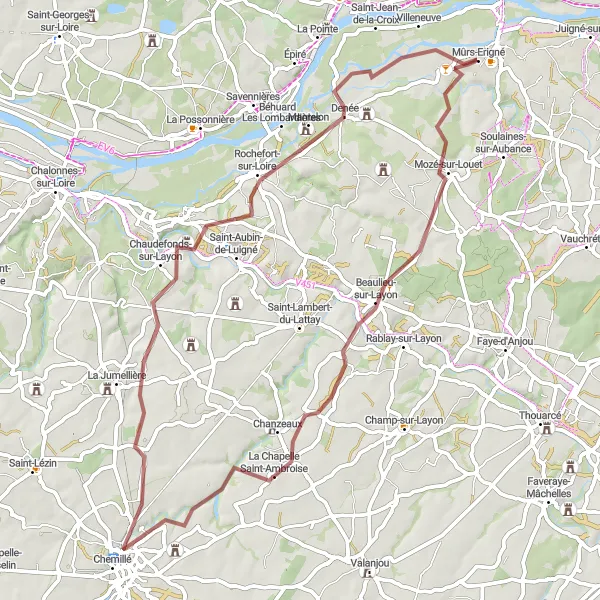 Map miniature of "The Beauty of Layon Valley" cycling inspiration in Pays de la Loire, France. Generated by Tarmacs.app cycling route planner