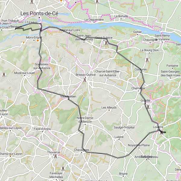 Miniature de la carte de l'inspiration cycliste "Boucle des Vignobles Anjou" dans la Pays de la Loire, France. Générée par le planificateur d'itinéraire cycliste Tarmacs.app