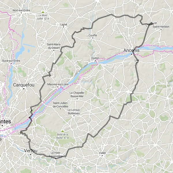 Map miniature of "Countryside Serenity and History Ride" cycling inspiration in Pays de la Loire, France. Generated by Tarmacs.app cycling route planner