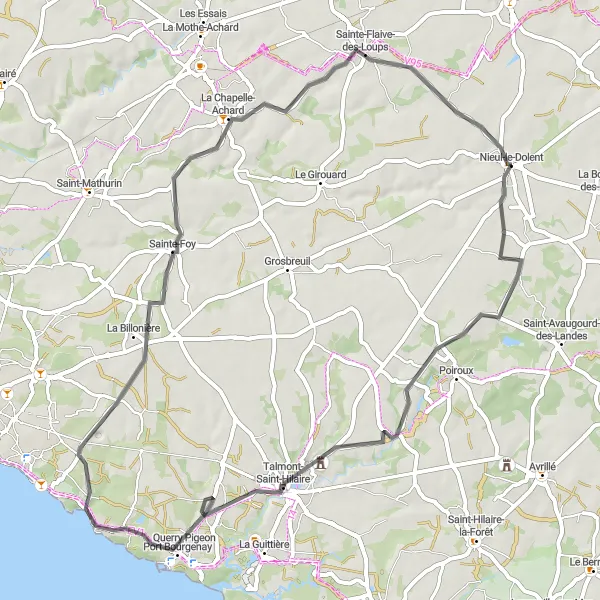 Miniature de la carte de l'inspiration cycliste "Échappée Nature en Vendée" dans la Pays de la Loire, France. Générée par le planificateur d'itinéraire cycliste Tarmacs.app