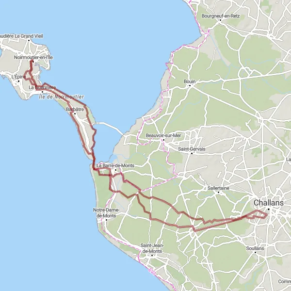 Miniature de la carte de l'inspiration cycliste "Tour de l'Île de Noirmoutier" dans la Pays de la Loire, France. Générée par le planificateur d'itinéraire cycliste Tarmacs.app