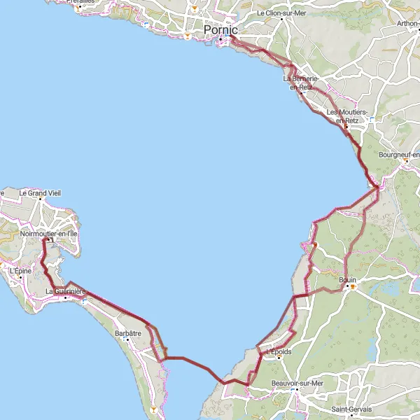 Miniature de la carte de l'inspiration cycliste "Exploration de l'Île de Noirmoutier à Vélo" dans la Pays de la Loire, France. Générée par le planificateur d'itinéraire cycliste Tarmacs.app
