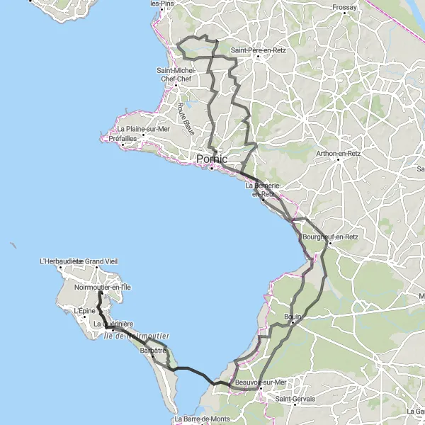 Miniature de la carte de l'inspiration cycliste "Les Côtes sauvages de la Vendée" dans la Pays de la Loire, France. Générée par le planificateur d'itinéraire cycliste Tarmacs.app