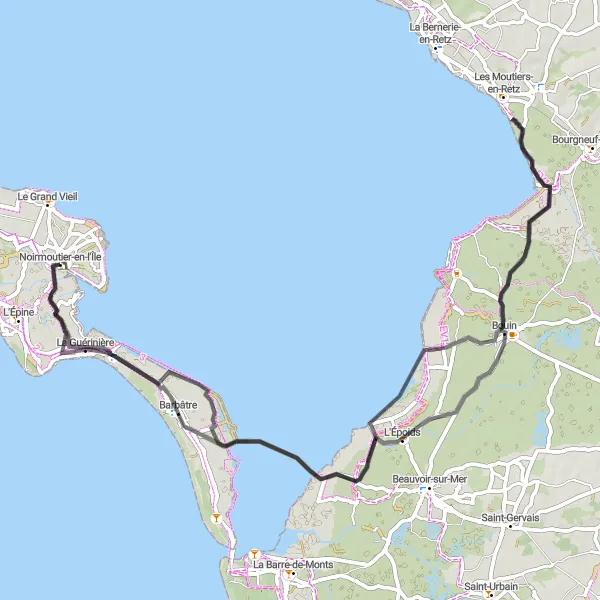 Miniature de la carte de l'inspiration cycliste "Voyage à travers la Vendée" dans la Pays de la Loire, France. Générée par le planificateur d'itinéraire cycliste Tarmacs.app