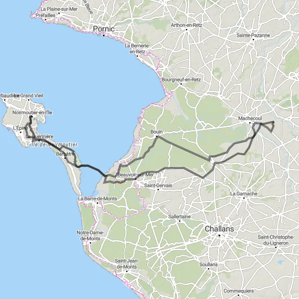 Miniature de la carte de l'inspiration cycliste "Parcours historique de la Vendée" dans la Pays de la Loire, France. Générée par le planificateur d'itinéraire cycliste Tarmacs.app