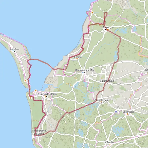 Miniature de la carte de l'inspiration cycliste "La Boucle des Îles en Gravel" dans la Pays de la Loire, France. Générée par le planificateur d'itinéraire cycliste Tarmacs.app