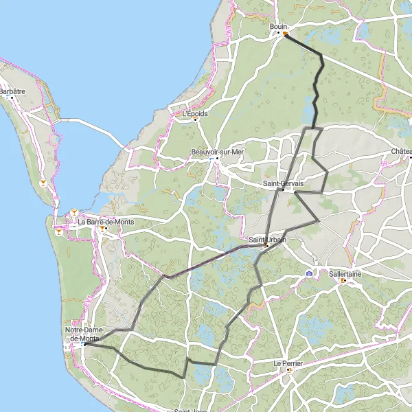 Miniature de la carte de l'inspiration cycliste "Boucle vers Bouin et Saint-Gervais" dans la Pays de la Loire, France. Générée par le planificateur d'itinéraire cycliste Tarmacs.app