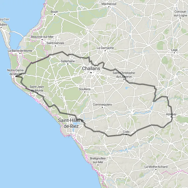 Miniature de la carte de l'inspiration cycliste "Le Tour des Marais Vendéens" dans la Pays de la Loire, France. Générée par le planificateur d'itinéraire cycliste Tarmacs.app