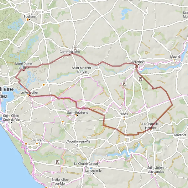 Map miniature of "Apremont Castle Gravel Tour" cycling inspiration in Pays de la Loire, France. Generated by Tarmacs.app cycling route planner