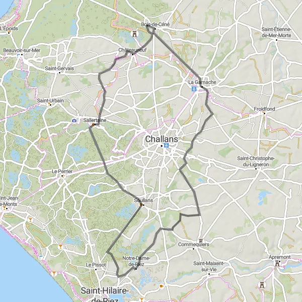 Miniature de la carte de l'inspiration cycliste "Le tour de Châteauneuf" dans la Pays de la Loire, France. Générée par le planificateur d'itinéraire cycliste Tarmacs.app
