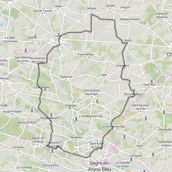Miniature de la carte de l'inspiration cycliste "Tour en boucle à travers les Vallées de la Mayenne" dans la Pays de la Loire, France. Générée par le planificateur d'itinéraire cycliste Tarmacs.app