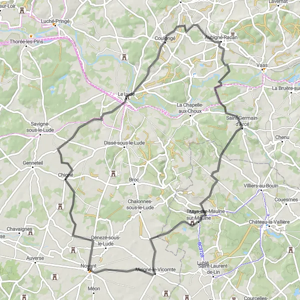 Map miniature of "Le Lude Circuit with Braye-sur-Maulne and Les Hardonnières" cycling inspiration in Pays de la Loire, France. Generated by Tarmacs.app cycling route planner