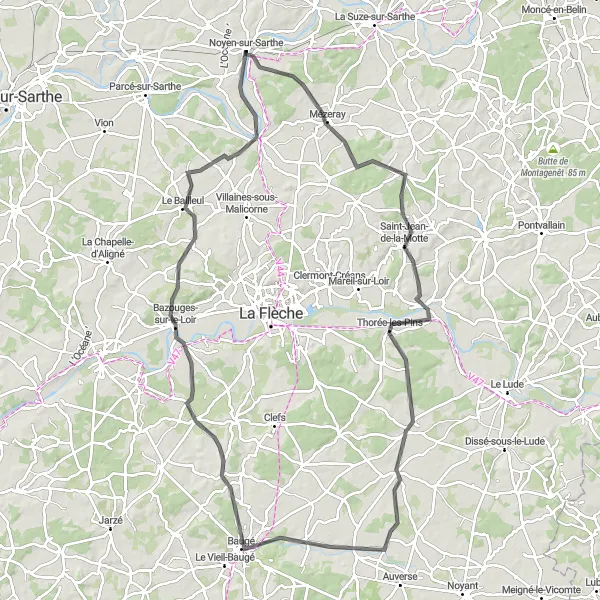 Miniature de la carte de l'inspiration cycliste "Parcours à vélo panoramique de Noyen-sur-Sarthe" dans la Pays de la Loire, France. Générée par le planificateur d'itinéraire cycliste Tarmacs.app