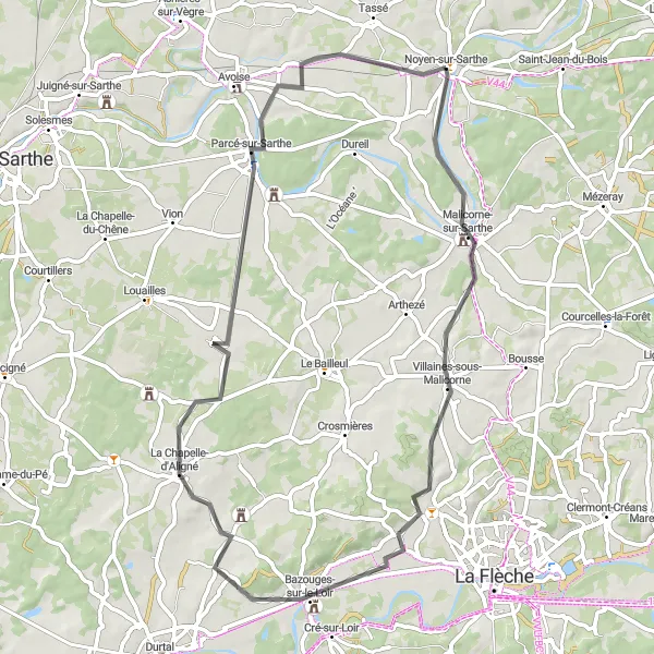 Miniature de la carte de l'inspiration cycliste "Parcours historique autour de Noyen-sur-Sarthe" dans la Pays de la Loire, France. Générée par le planificateur d'itinéraire cycliste Tarmacs.app