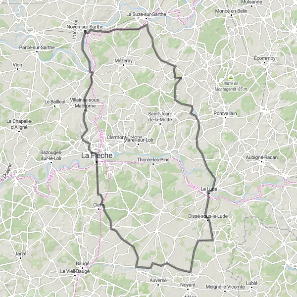 Miniature de la carte de l'inspiration cycliste "Boucle Sarthe-Loir" dans la Pays de la Loire, France. Générée par le planificateur d'itinéraire cycliste Tarmacs.app