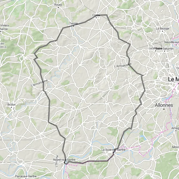 Miniature de la carte de l'inspiration cycliste "Campagne Sarthoise et Forêt de Bercé" dans la Pays de la Loire, France. Générée par le planificateur d'itinéraire cycliste Tarmacs.app