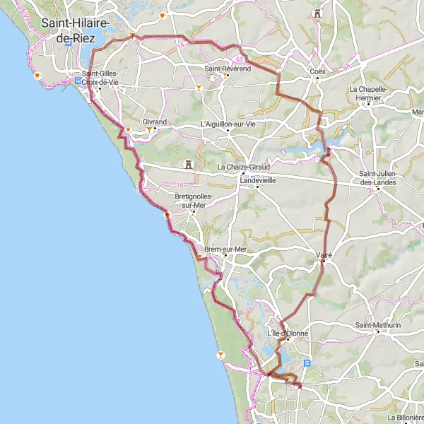 Map miniature of "Coastal and Countryside Exploration" cycling inspiration in Pays de la Loire, France. Generated by Tarmacs.app cycling route planner