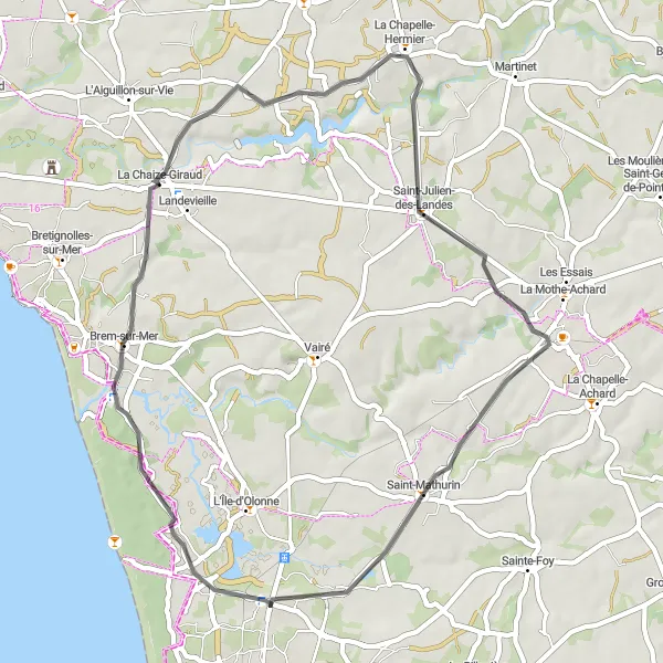 Map miniature of "The Coastal Getaway" cycling inspiration in Pays de la Loire, France. Generated by Tarmacs.app cycling route planner