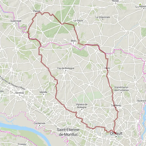 Map miniature of "Challenge the Gravel Roads of Western France" cycling inspiration in Pays de la Loire, France. Generated by Tarmacs.app cycling route planner