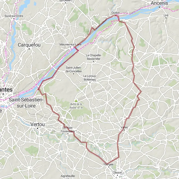Map miniature of "Loire Valley Gravel Adventure" cycling inspiration in Pays de la Loire, France. Generated by Tarmacs.app cycling route planner