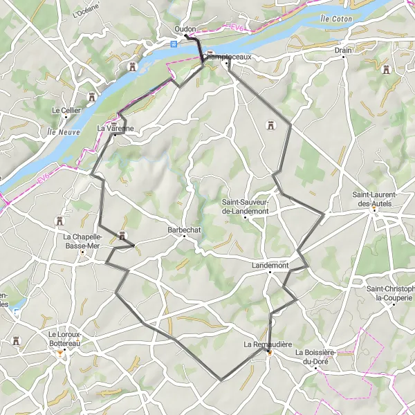 Map miniature of "Scenic Route along the Loire River" cycling inspiration in Pays de la Loire, France. Generated by Tarmacs.app cycling route planner