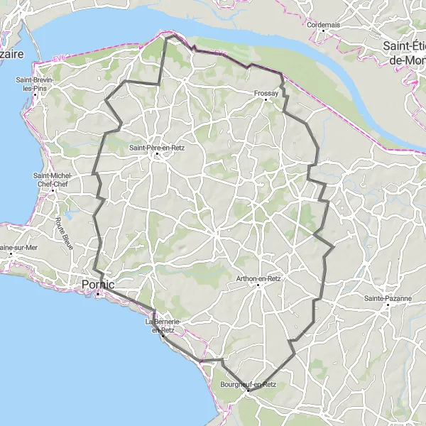 Map miniature of "Coastal Tour from Paimboeuf to Pornic" cycling inspiration in Pays de la Loire, France. Generated by Tarmacs.app cycling route planner