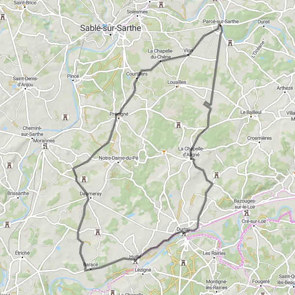 Miniature de la carte de l'inspiration cycliste "Itinéraire rural de Parcé-sur-Sarthe" dans la Pays de la Loire, France. Générée par le planificateur d'itinéraire cycliste Tarmacs.app
