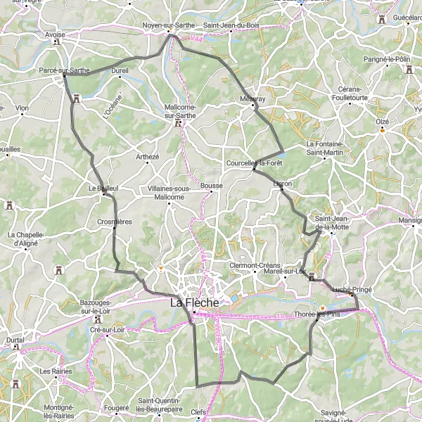 Miniature de la carte de l'inspiration cycliste "Tour en vélo à la découverte de la campagne sarthoise" dans la Pays de la Loire, France. Générée par le planificateur d'itinéraire cycliste Tarmacs.app
