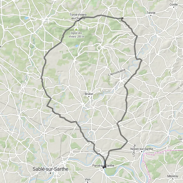 Miniature de la carte de l'inspiration cycliste "Boucle pittoresque de Parcé-sur-Sarthe" dans la Pays de la Loire, France. Générée par le planificateur d'itinéraire cycliste Tarmacs.app