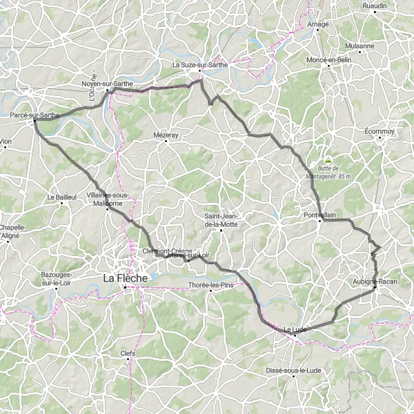 Miniature de la carte de l'inspiration cycliste "Boucle à vélo de route autour de Parcé-sur-Sarthe" dans la Pays de la Loire, France. Générée par le planificateur d'itinéraire cycliste Tarmacs.app