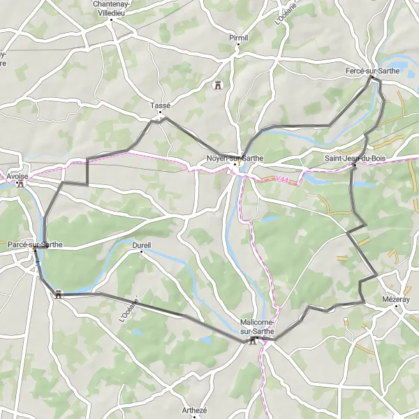 Miniature de la carte de l'inspiration cycliste "Escapade champêtre près de Parcé-sur-Sarthe" dans la Pays de la Loire, France. Générée par le planificateur d'itinéraire cycliste Tarmacs.app