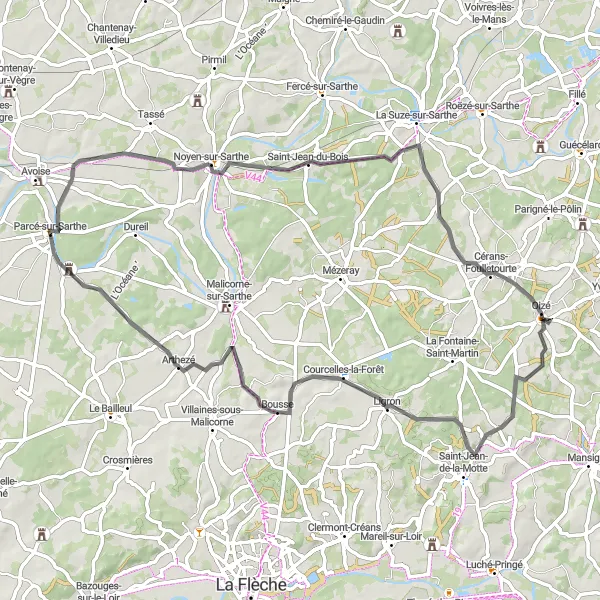 Miniature de la carte de l'inspiration cycliste "Tour historique de Parcé-sur-Sarthe" dans la Pays de la Loire, France. Générée par le planificateur d'itinéraire cycliste Tarmacs.app
