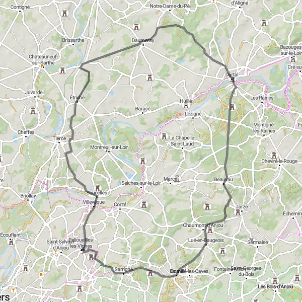 Miniature de la carte de l'inspiration cycliste "Tour de Soucelles et Château de Durtal" dans la Pays de la Loire, France. Générée par le planificateur d'itinéraire cycliste Tarmacs.app
