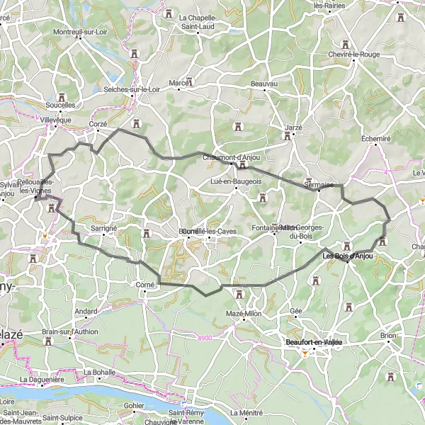 Map miniature of "Exploring the Chateaux Route" cycling inspiration in Pays de la Loire, France. Generated by Tarmacs.app cycling route planner