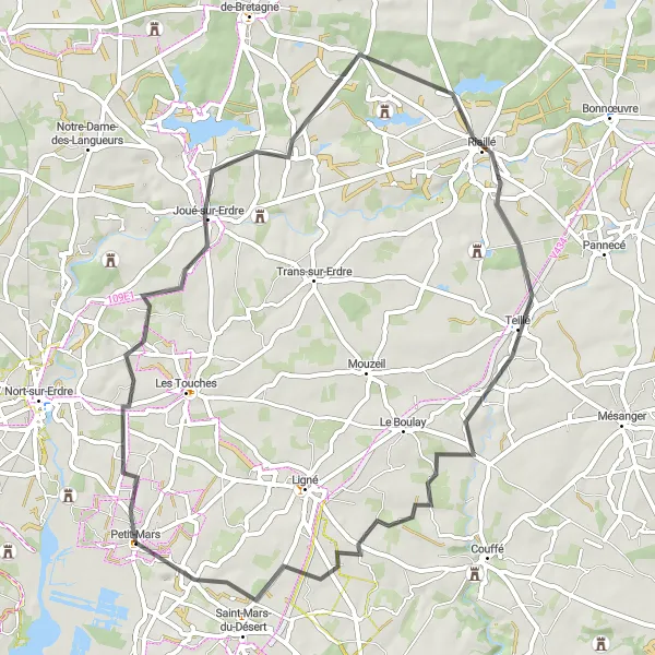 Map miniature of "The Erdre Valley Tour" cycling inspiration in Pays de la Loire, France. Generated by Tarmacs.app cycling route planner