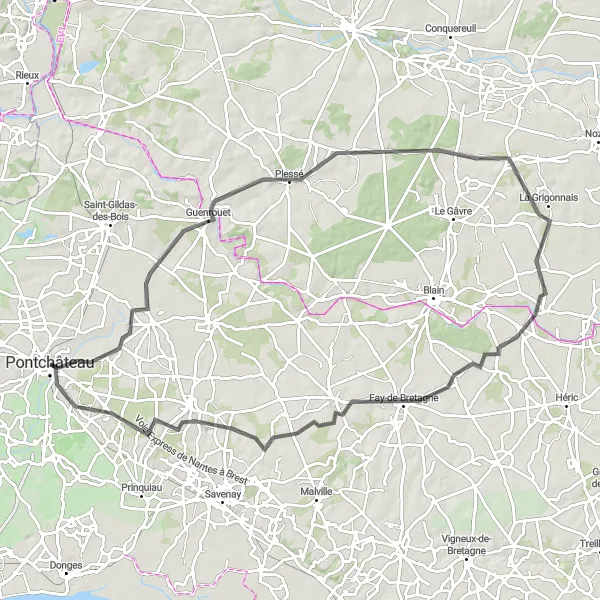 Miniature de la carte de l'inspiration cycliste "Le Défi de Campbon en vélo de route" dans la Pays de la Loire, France. Générée par le planificateur d'itinéraire cycliste Tarmacs.app