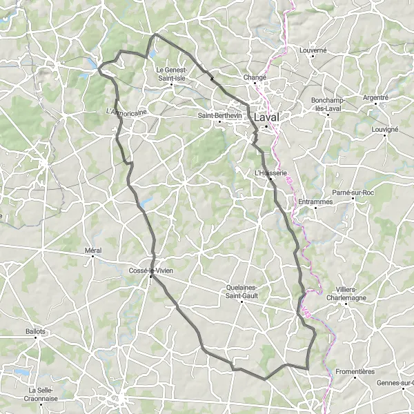 Miniature de la carte de l'inspiration cycliste "Excursion sur route à travers L'Huisserie et Marigné-Peuton" dans la Pays de la Loire, France. Générée par le planificateur d'itinéraire cycliste Tarmacs.app