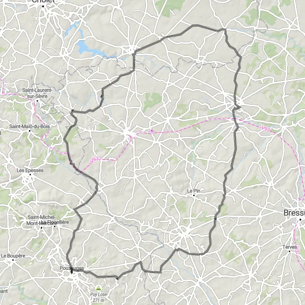 Map miniature of "Journey Through Château de Pouzauges" cycling inspiration in Pays de la Loire, France. Generated by Tarmacs.app cycling route planner