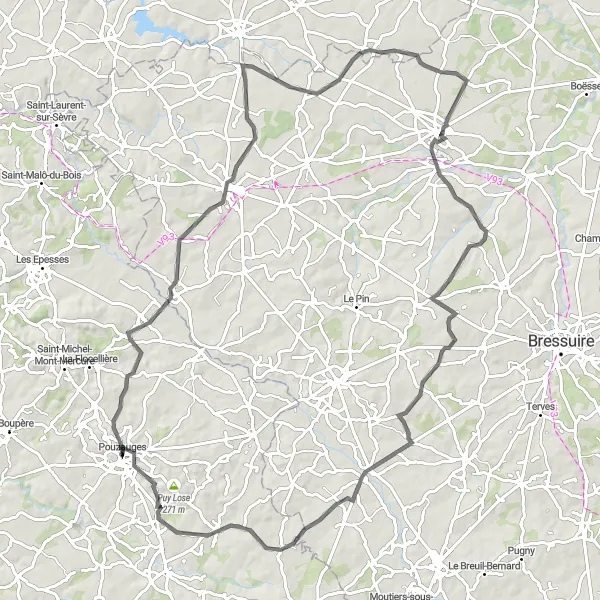 Map miniature of "Château de Pouzauges and Beyond" cycling inspiration in Pays de la Loire, France. Generated by Tarmacs.app cycling route planner